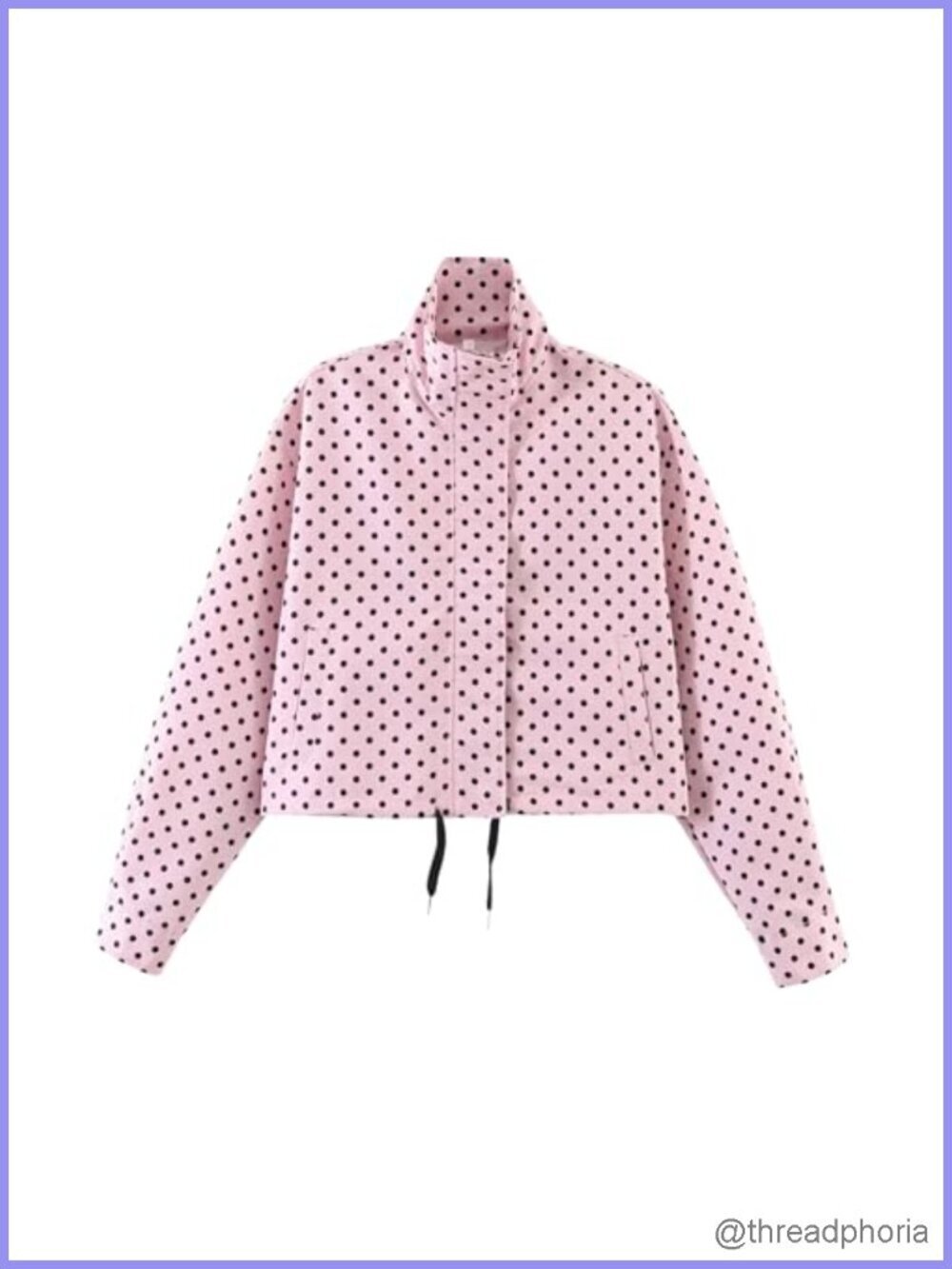 Polka Dot Jacket High Neck Long Sleeve Drawstring Hem Cropped Coat with Pockets
